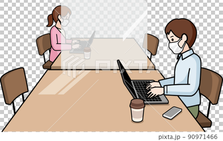 感染対策をしたコワーキングスペースの男性と女性 感染対策をしたコワーキングスペースの男性と女性 90971466