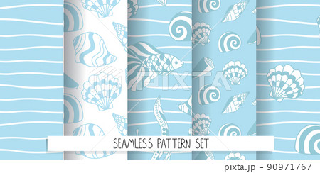 A set of seamless marine patterns with shells and fish in blue. Simple shapes and minimalistic doodle style. A set of seamless marine patterns with shells and fish in blue. Simple shapes and minimalistic doodle style. 90971767