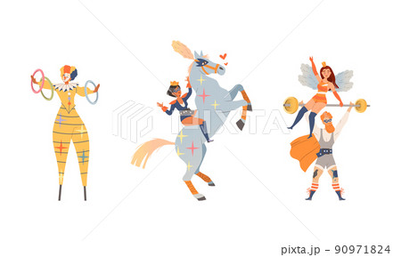 Artists performing at circus show set. Strongman lifting dumbbell, girl doing tricks on running horse, clown on stilts juggling with rings vector illustration Artists performing at circus show set. Strongman lifting dumbbell, girl doing tricks on running horse, clown on stilts juggling with rings vector illustration 90971824