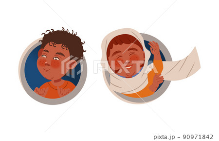 Cute happy little children looking out of round shaped window vector illustration 90971842