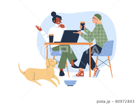 Couple chatting in pet friendly cafe, cute dog with bowl of water or treats, flat vector illustration isolated on white. 90972803