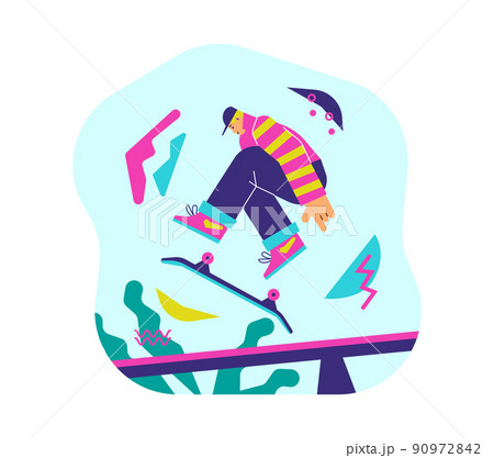 Banner with skateboarder on skateboard, flat vector illustration isolated. 90972842