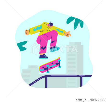 Man making tricks or stunts on skateboard in the city, flat vector illustration isolated on white background. 90972859