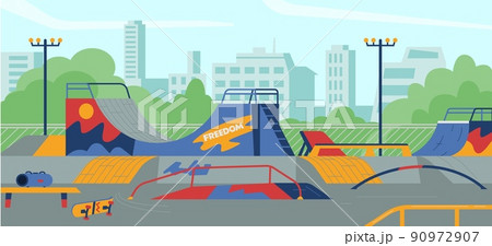 Empty skateboarding area for extreme sports, flat vector illustration. 90972907