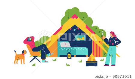 Comfortable glamping facilities with tourists, flat vector illustration isolated. 90973011
