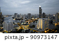 Beautiful panoramic city skyline in sunset.,cityscape view from high above., Bangkok city skyline view from river with skyscrapers buildings reflect in water at sunset. 90973147