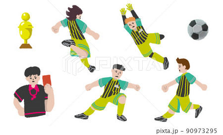 サッカーをする黄緑色のユニフォームを着た選手のイラスト素材 90973295