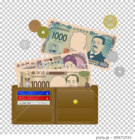 お財布に入ったお札と硬貨1 お財布に入ったお札と硬貨1 90973591