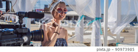 Female blogger is going to record video BANNER, LONG FORMAT Female blogger is going to record video BANNER, LONG FORMAT 90973985