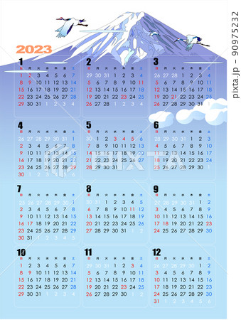 2023年の富士山に鶴が飛ぶ和風なカレンダー 90975232
