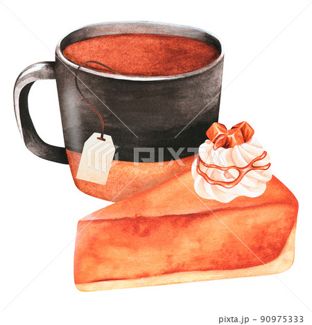Tea with pumpkin pie. Watercolor illustration. Isolated on a white background. For design. 90975333