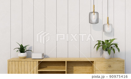 Minimal wooden TV cabinet mockup against white plank wall under modern stylish ceiling lamps Minimal wooden TV cabinet mockup against white plank wall under modern stylish ceiling lamps 90975416