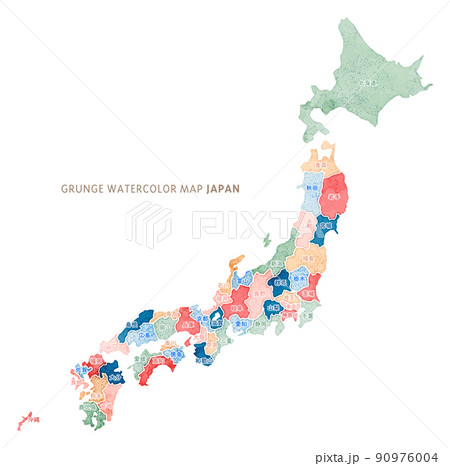 水彩タッチの日本地図:グランジテクスチャ 水彩タッチの日本地図:グランジテクスチャ 90976004
