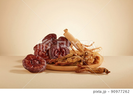 Front view of lingzhi mushroom and ginseng in white background Front view of lingzhi mushroom and ginseng in white background 90977262