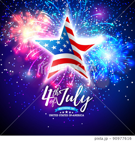 Fourth of July Independence Day Sale Banner Design with Flag Pattern Star Symbol on Fireworks Background. USA National 4th of July Holiday Vector Illustration for Banner, Greeting Card, Invitation or Fourth of July Independence Day Sale Banner Design with Flag Pattern Star Symbol on Fireworks Background. USA National 4th of July Holiday Vector Illustration for Banner, Greeting Card, Invitation or 90977616