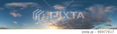 Panorama of a dark blue sunset sky with golden Cumulus clouds. Seamless hdr 360 panorama in spherical equiangular format. Full zenith for 3D visualization, sky replacement for aerial drone panoramas. Panorama of a dark blue sunset sky with golden Cumulus clouds. Seamless hdr 360 panorama in spherical equiangular format. Full zenith for 3D visualization, sky replacement for aerial drone panoramas. 90977617
