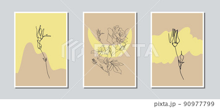 Set of 3 one single line drawing rose flower on earthy background card template Set of 3 one single line drawing rose flower on earthy background card template 90977799
