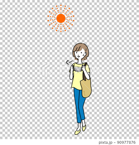 暑いので屋外でマスクを外す女性のイラスト 暑いので屋外でマスクを外す女性のイラスト 90977876