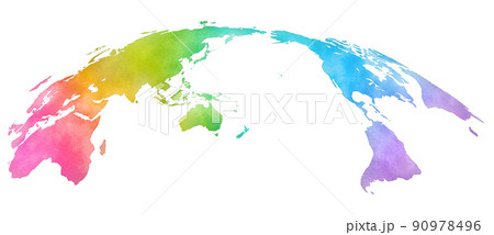 水彩風、世界地図、カラフル、アジア中心地図 90978496