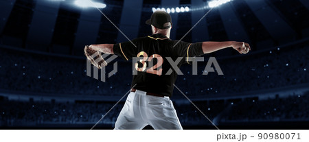 Sport collage with professional baseball player with baseball glove and ball in action during match in crowded sport stadium at evening time. Sport collage with professional baseball player with baseball glove and ball in action during match in crowded sport stadium at evening time. 90980071