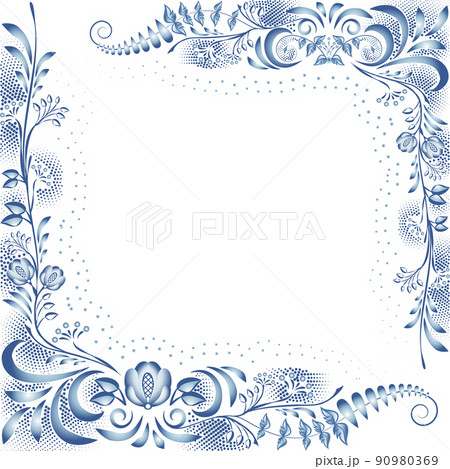 Blue floral frame. Corner patterns of branches with flowers and polka dot. Ornaments with blossoms leaves in the style of ethnic blue cobalt painting on porcelain Isolated on white 90980369