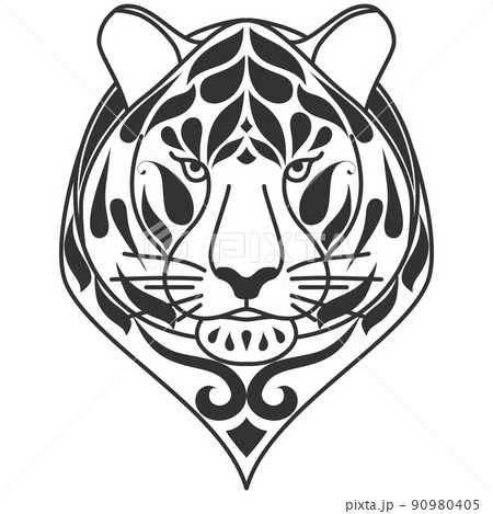 Tiger head. Tribal silhouette ethnic animals. Patterned face of tiger with ornamented black stripes. African, indian design. For design of a t-shirt, bag, postcard or poster. 90980405