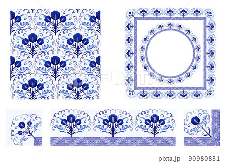 Set of elements with blue flowers. Brush with corner items and seamless pattern in oriental asian style. Round and square frame Cobalt painting style on ceramic Chinese motifs. 90980831