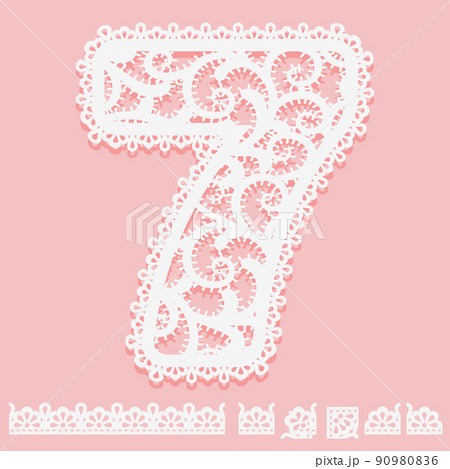 Digit 7 written of white lace isolated on pink background. Pattern brush with corner and end elements and number seven Border for frame. Lacy item for design card or invitation 90980836