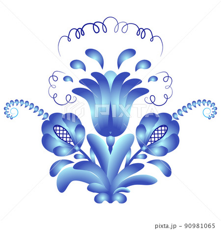 Blue bouquet of flowers. Element of pattern in the style of ethnic national cobalt painting on porcelain. Floral item with leaves and curls for ornament design Blue bouquet of flowers. Element of pattern in the style of ethnic national cobalt painting on porcelain. Floral item with leaves and curls for ornament design 90981065