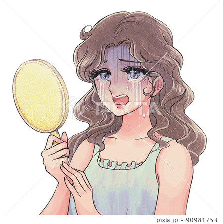 昭和50年代の少女漫画風・鏡を見て大泣きする美女 90981753