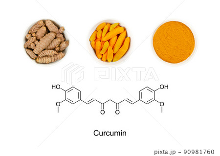 Turmeric and the chemical formula of curcumin. Skeletal structure of the keto form of the yellow chemical and principal curcuminoid of turmeric, Curcuma longa. E100, dietary supplement and food color. 90981760