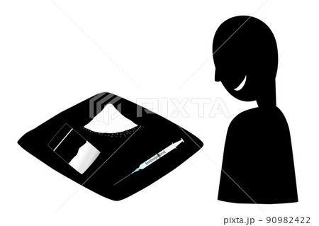 覚醒剤を見てニヤつく人物のシルエット。薬物依存症のアイコン。 90982422