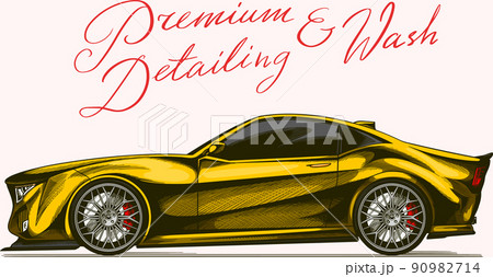 Yellow car. Auto detailing. Dry cleaning motor. Emblem or logo for Vehicle service or Automobile 90982714