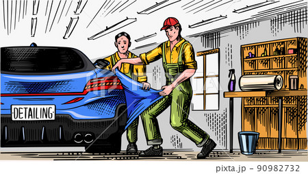Auto detailing. Dry cleaning motor. Wrapping Specialist Putting Vinyl Foil Film. Vehicle service or 90982732