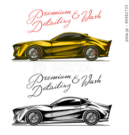Yellow car. Auto detailing. Dry cleaning motor. Emblem or logo for Vehicle service or Automobile 90982735