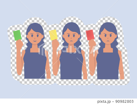 Illustration of a woman holding cards of various colors 90982803