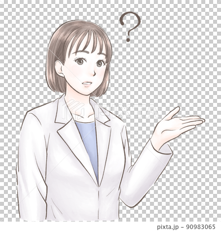 A woman in a white coat to introduce while asking a question, watercolor style 90983065