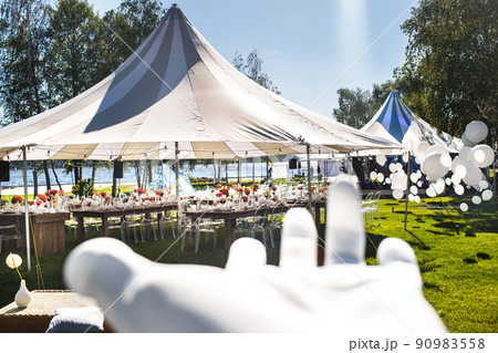 Wedding tent with large balls. Tables sets for wedding 90983558