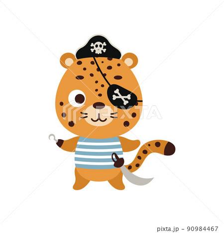 Cute little pirate jaguar with hook and blindfold. Cartoon animal character for kids t-shirts, nursery decoration, baby shower, greeting card, invitation, house interior. Vector stock illustration Cute little pirate jaguar with hook and blindfold. Cartoon animal character for kids t-shirts, nursery decoration, baby shower, greeting card, invitation, house interior. Vector stock illustration 90984467