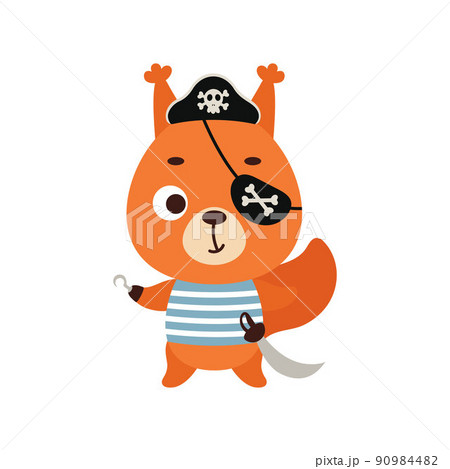 Cute little pirate squirrel with hook and blindfold. Cartoon animal character for kids t-shirts, nursery decoration, baby shower, greeting card, invitation, house interior. Vector stock illustration Cute little pirate squirrel with hook and blindfold. Cartoon animal character for kids t-shirts, nursery decoration, baby shower, greeting card, invitation, house interior. Vector stock illustration 90984482