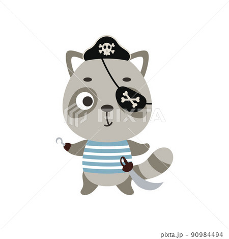 Cute little pirate raccoon with hook and blindfold. Cartoon animal character for kids t-shirts, nursery decoration, baby shower, greeting card, invitation, house interior. Vector stock illustration Cute little pirate raccoon with hook and blindfold. Cartoon animal character for kids t-shirts, nursery decoration, baby shower, greeting card, invitation, house interior. Vector stock illustration 90984494