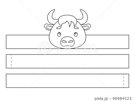 Printable musk ox paper crown. Fun accessory for entertainment. Diy cut party ribbon template for birthday, christmas, baby shower. Print, color, cut and glue. Vector stock illustration. 90984523