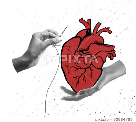 Contemporary art collage. Human hands and drawn red human heart over light background. Concept of care, health, medicine, support and treatment Contemporary art collage. Human hands and drawn red human heart over light background. Concept of care, health, medicine, support and treatment 90984789