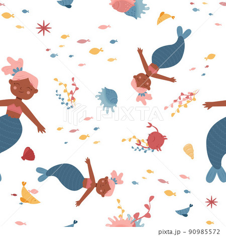 Colored pattern of fantasy underwater world with dark skinned mermaid, seaweed and fish 90985572