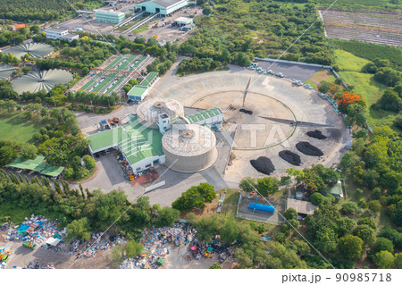 Aerial top view of metropolitan provincial waterworks industry factory in urban city town. Water utilities service. Aerial top view of metropolitan provincial waterworks industry factory in urban city town. Water utilities service. 90985718