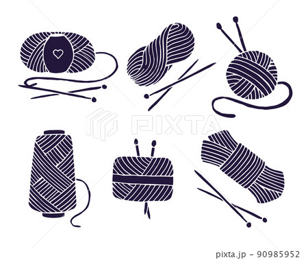 Set of icons on the theme of Knitting, hand-drawn skeins, balls of thread and knitting needles. Blue color on white background	 90985952