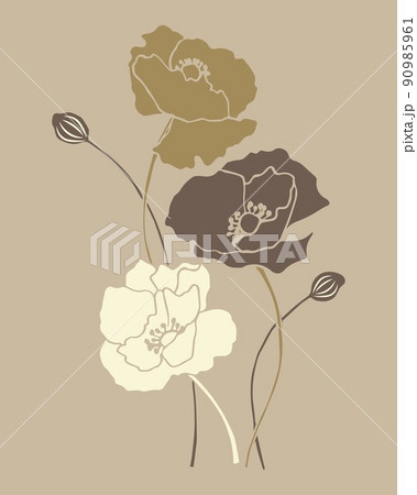 Wall art, delicate bouquet of poppies in beige tones on a beige background. Poster, illustration, greeting card, vector	 90985961