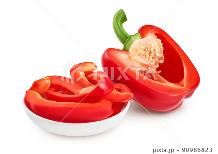 slices of red sweet bell pepper in ceramic bowl isolated on white background slices of red sweet bell pepper in ceramic bowl isolated on white background 90986823