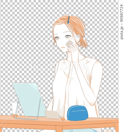Illustration of a woman making up with foundation (white background) Illustration of a woman making up with foundation (white background) 90987724