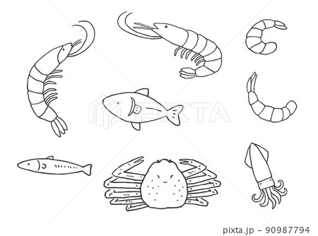エビ カニ 魚 イカの手描きイラストセット モノクロ のイラスト素材